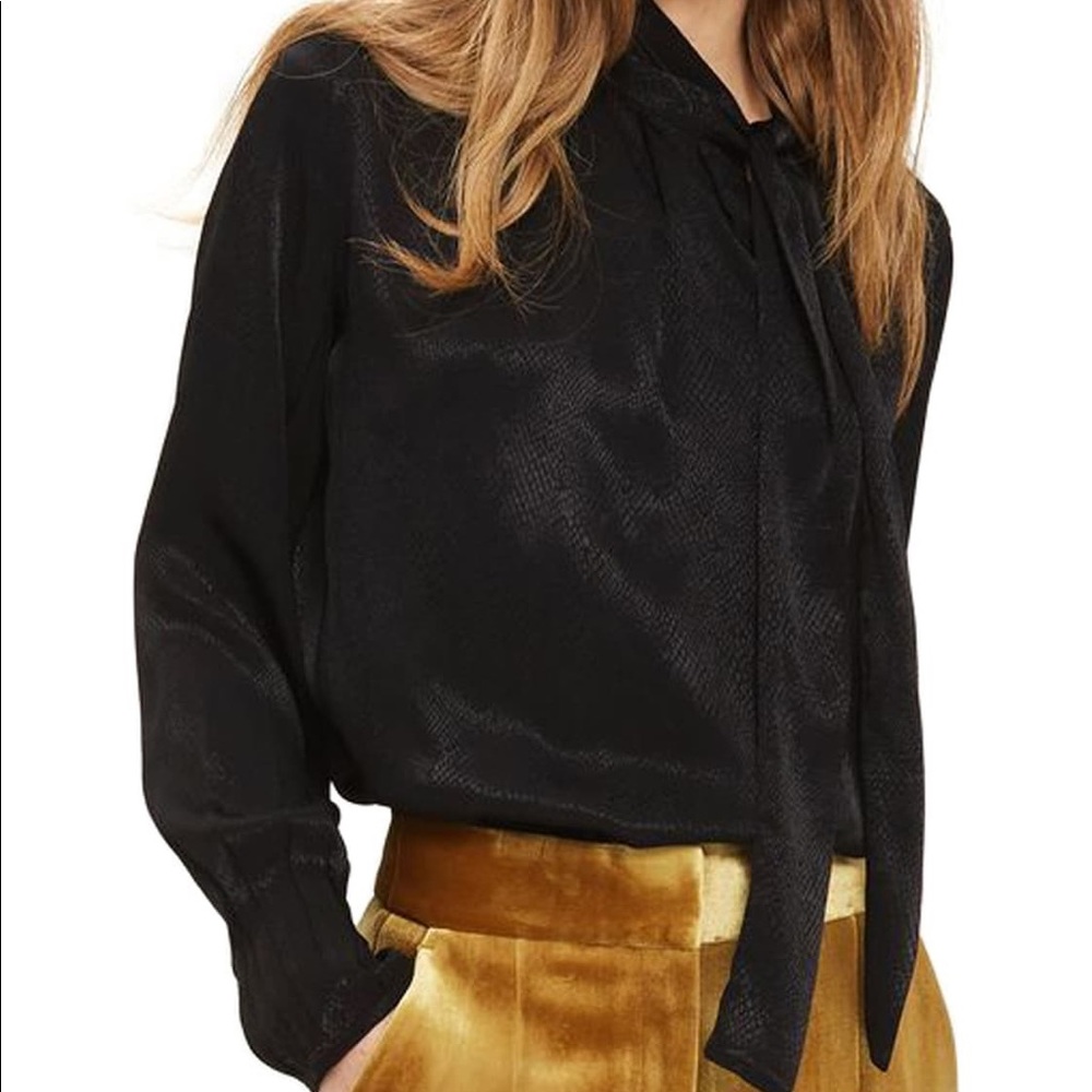 Topshop Animal Jacquard Tie Neck Blouse